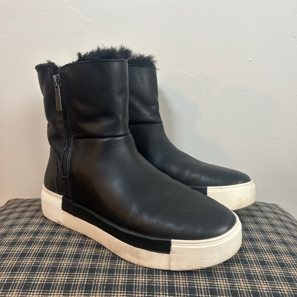 J Slides NYC Black Leather Fur Lined Wedge Sneaker Boots Women's Size‎ 7